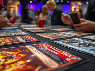 Anime-inspired trading card game table setup showcasing the Bandai TCG ecosystem including Digimon, Dragon Ball, and One Piece.