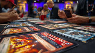 Anime-inspired trading card game table setup showcasing the Bandai TCG ecosystem including Digimon, Dragon Ball, and One Piece.