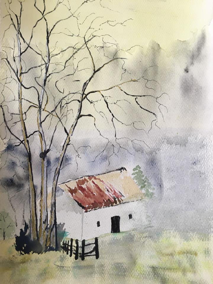 A watercolor painting of a ranch house with a lovely tree. Painted by Bruce Wamsley.