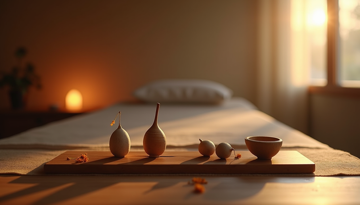 Eye-level view of a calm therapy room with moxibustion tools neatly arranged on a wooden table