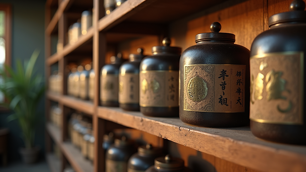 Eye-level view of traditional Chinese herbal medicine jars on wooden shelves