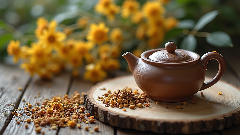 High angle view of a peaceful herbal medicine setup with dried flowers and a teapot