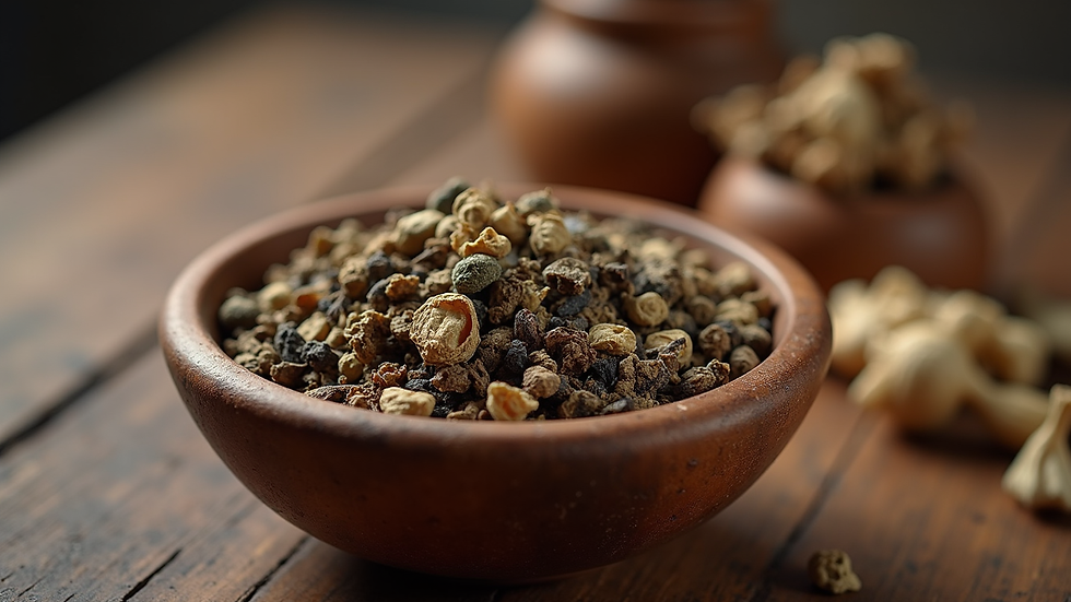 Close-up view of dried Chinese medicinal herbs in a wooden bowl