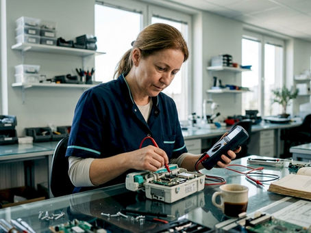 Technician inspecting refurbished medical device