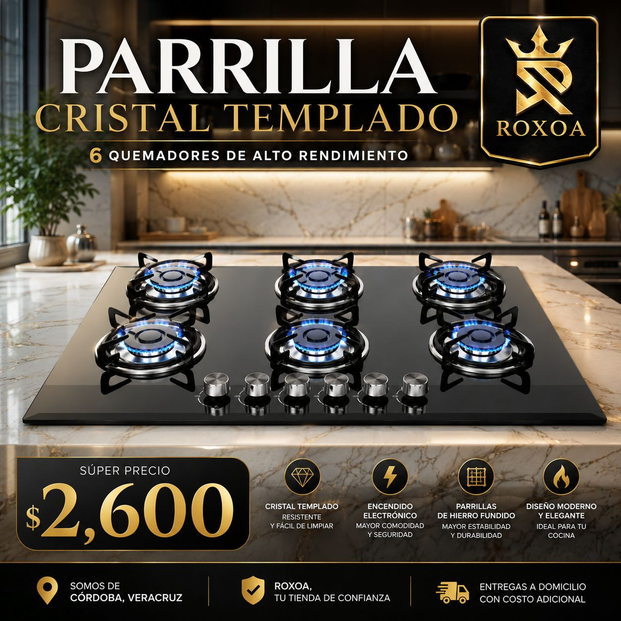 LUJOSA PARRILLA DE 6 QUEMADORES CRISTAL TEMPLADO LISTA PARA TU HOGAR