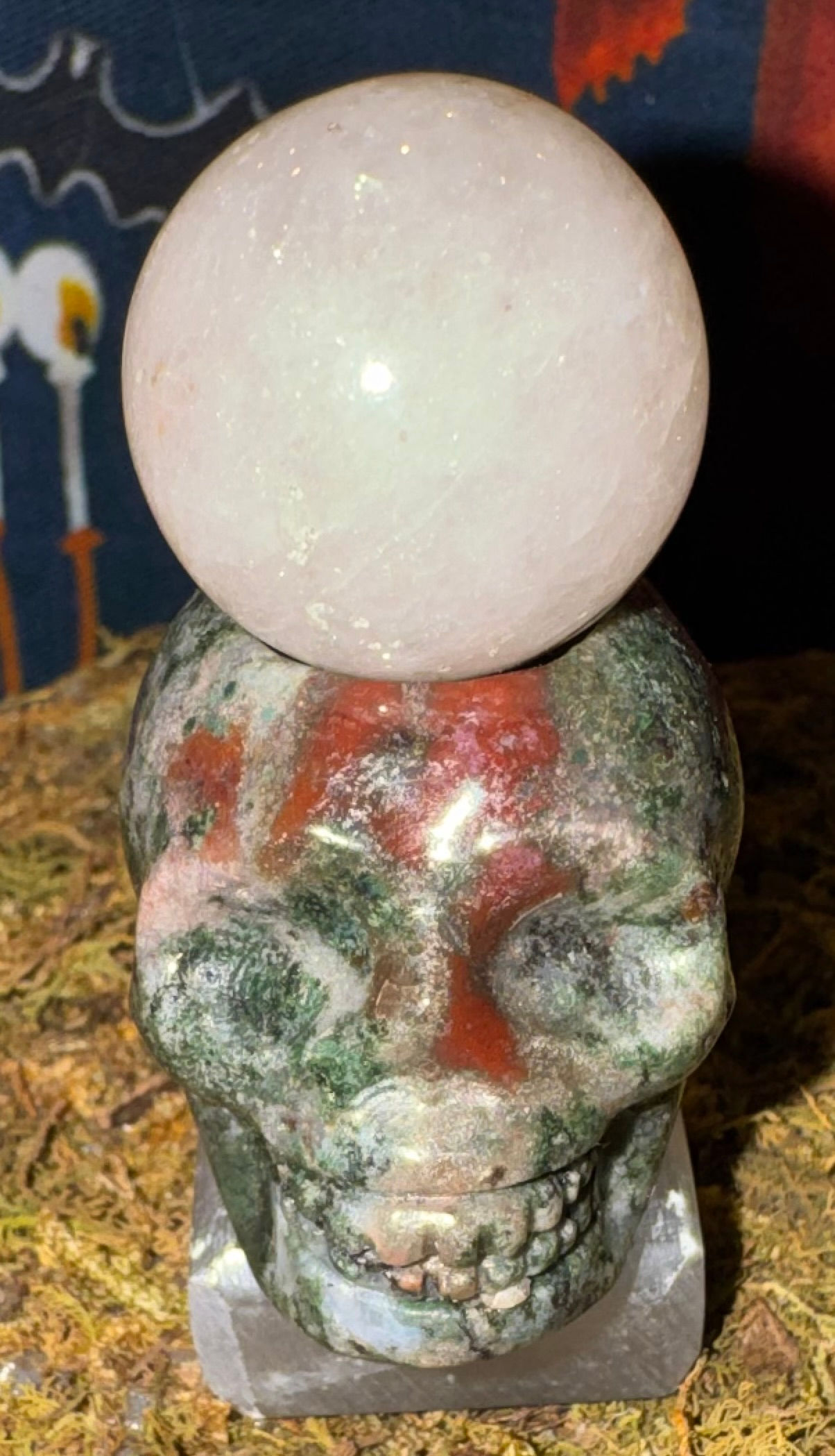 MOSS AGATE & RED CHALCEDONY SKULL MINI SPHERE HOLDER w/QUARTZ MINI SPHERE