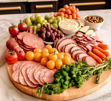 fancy food Charcuterie board with lots of vegetables on cream and gold marble with poodle