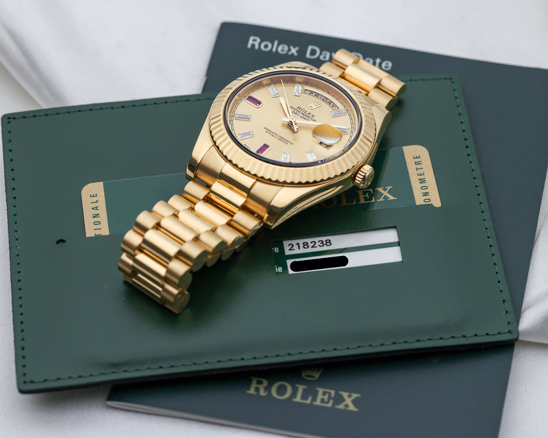 Thumbnail: Rolex Day-Date II 218238 Full Set Factory Ruby Baguette Dial