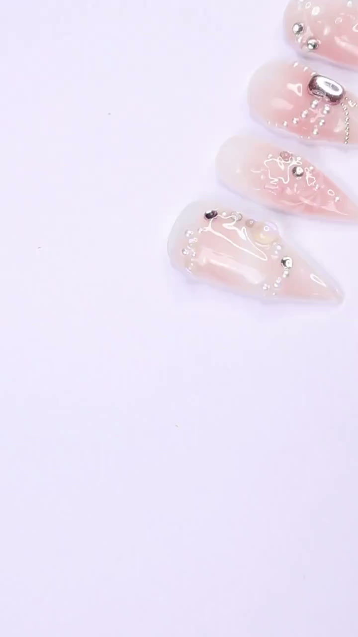 Thumbnail: Press On Nails Lustreva Crystals & Pearls | Blush Pink Fake Nails Medium Stilett