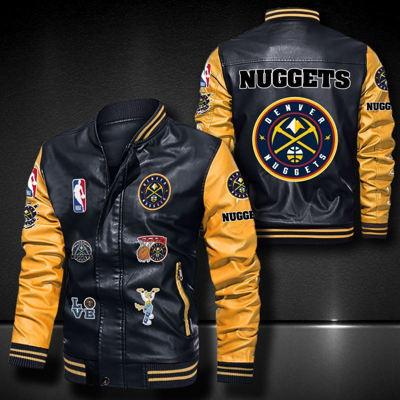Thumbnail: Denver Nuggets Leather Varsity Jacket Bomber Coat