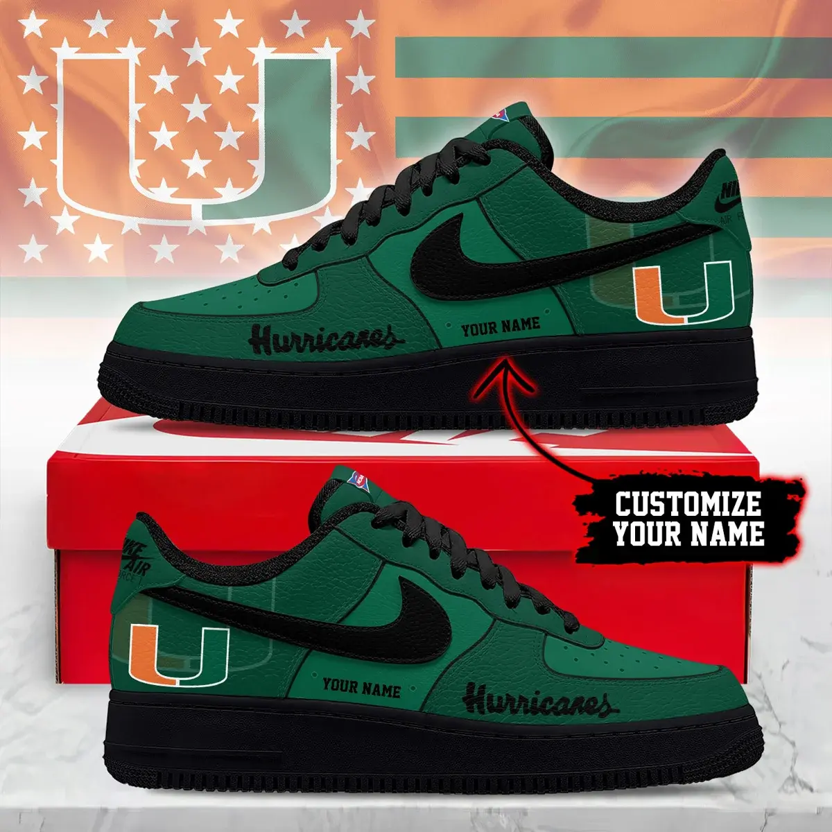 Miami Hurricanes Premium NCAA Custom Custom Air Force 1 Sneakers