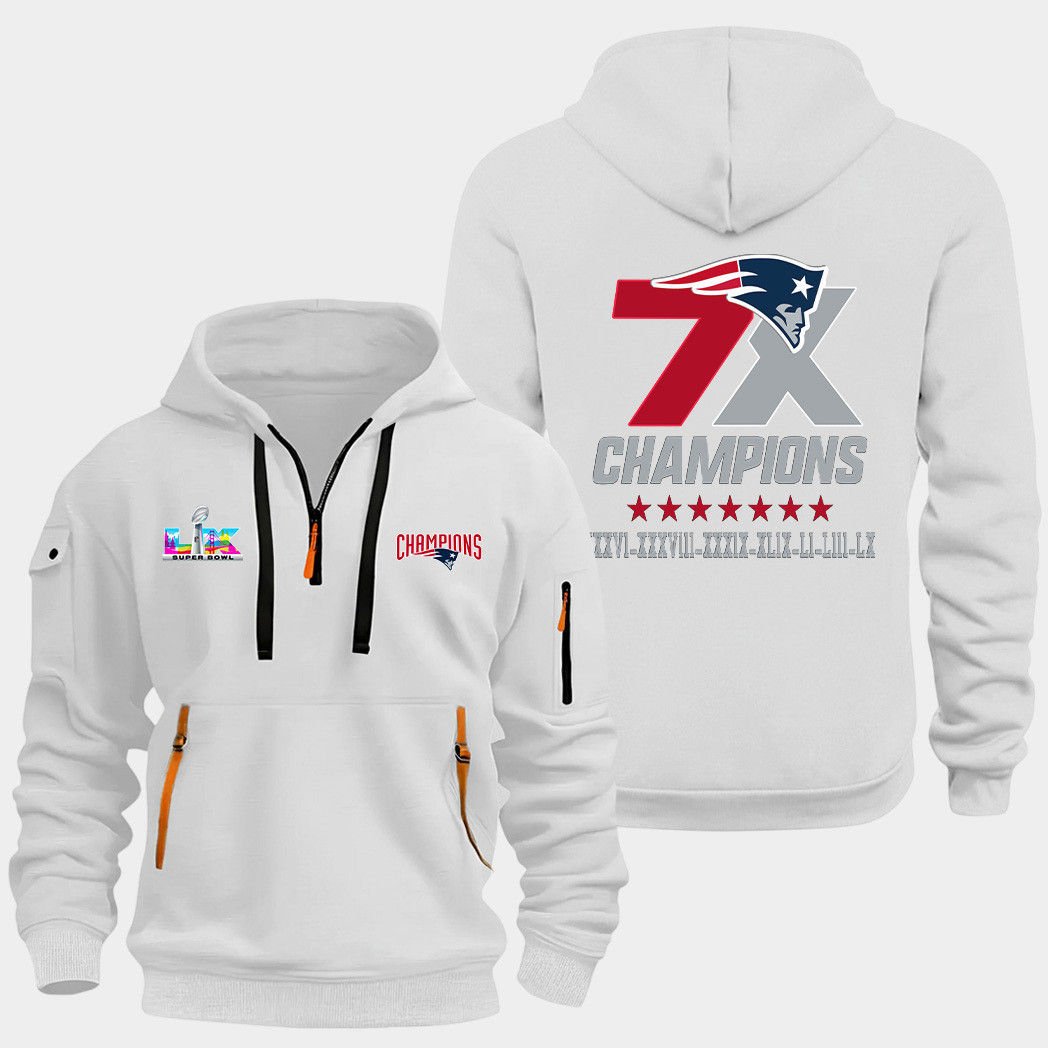 New England Patriots 7X Super Bowl Champions White Quarter Zip Hoodie
