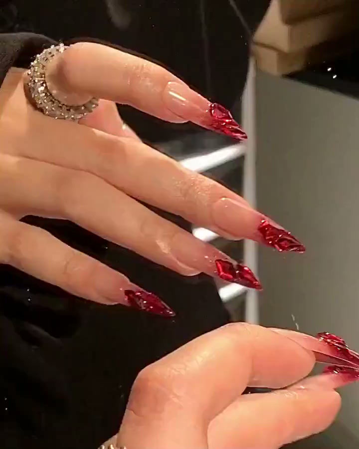 Thumbnail: Red French Tip with Crystal Bling On Pink Ombre Long Stiletto Press On Nails