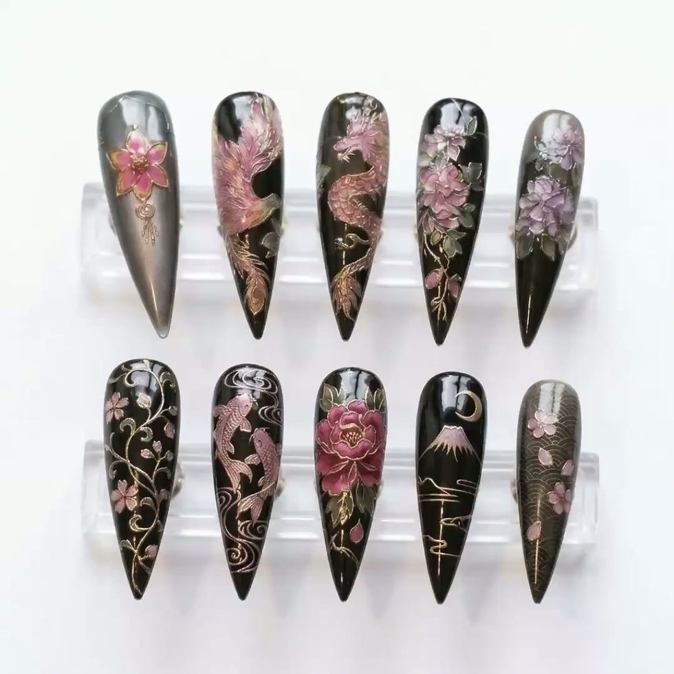 Thumbnail: Hand Painted Dragon Phoenix Koi Fuji Stiletto Press On Nails, 3D Cloisonné Art S