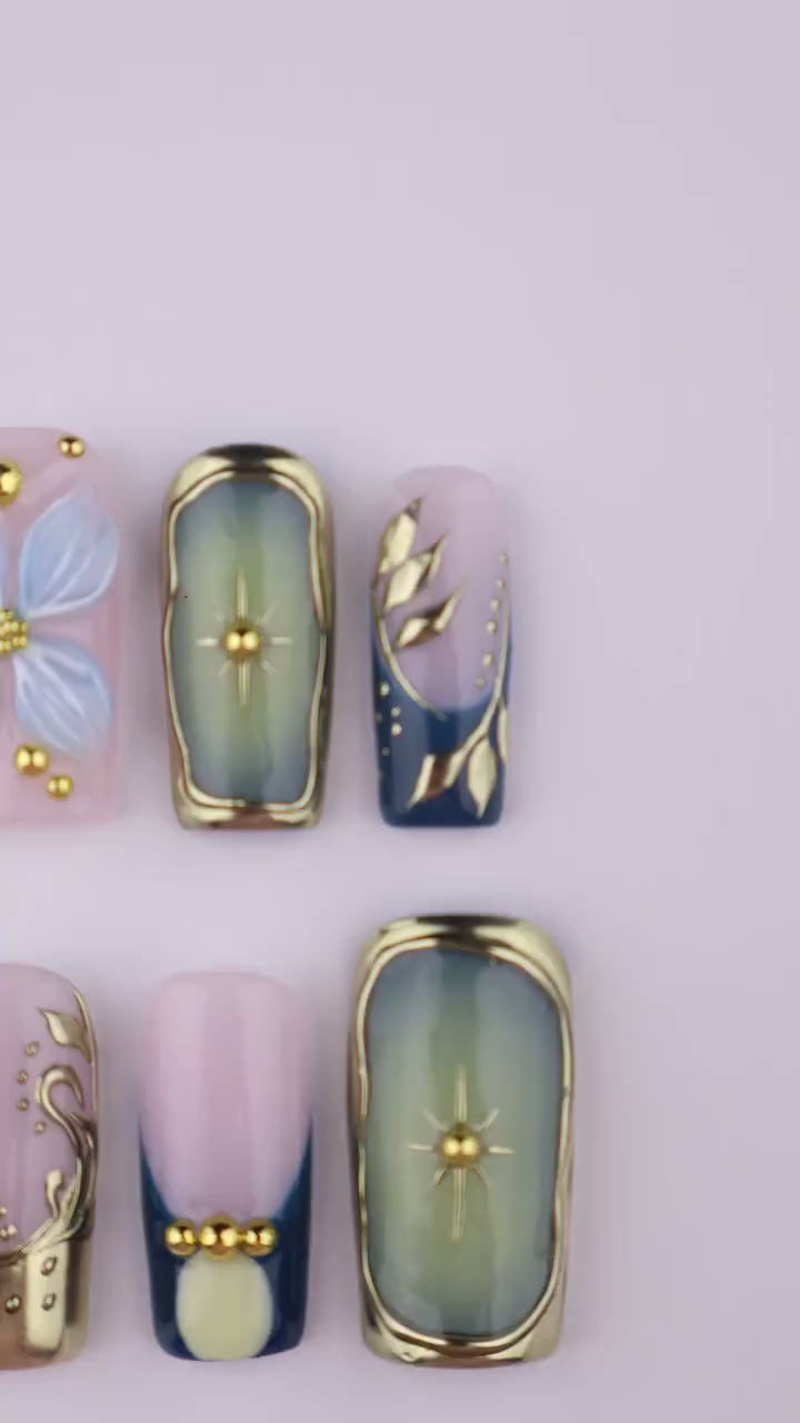 Thumbnail: Blue Gold Press On Nails with 3D Flower & Star Frame | Medium Square Handmade