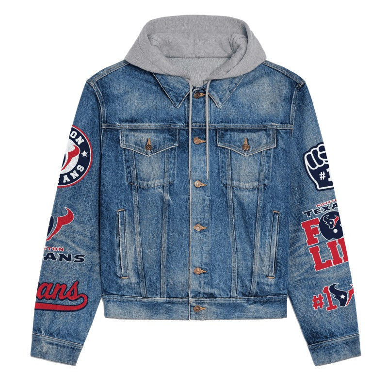 Thumbnail: Houston Texans NFL Team Logo& Motto v5 3D Hooded Denim Jacket