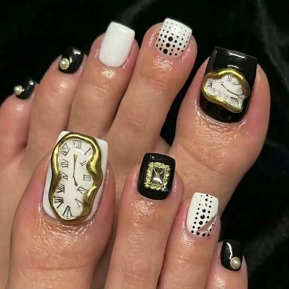 Thumbnail: Surrealist Melting Clock Press On Toes, Hand-Painted Ornate Gold Frame Pedicure