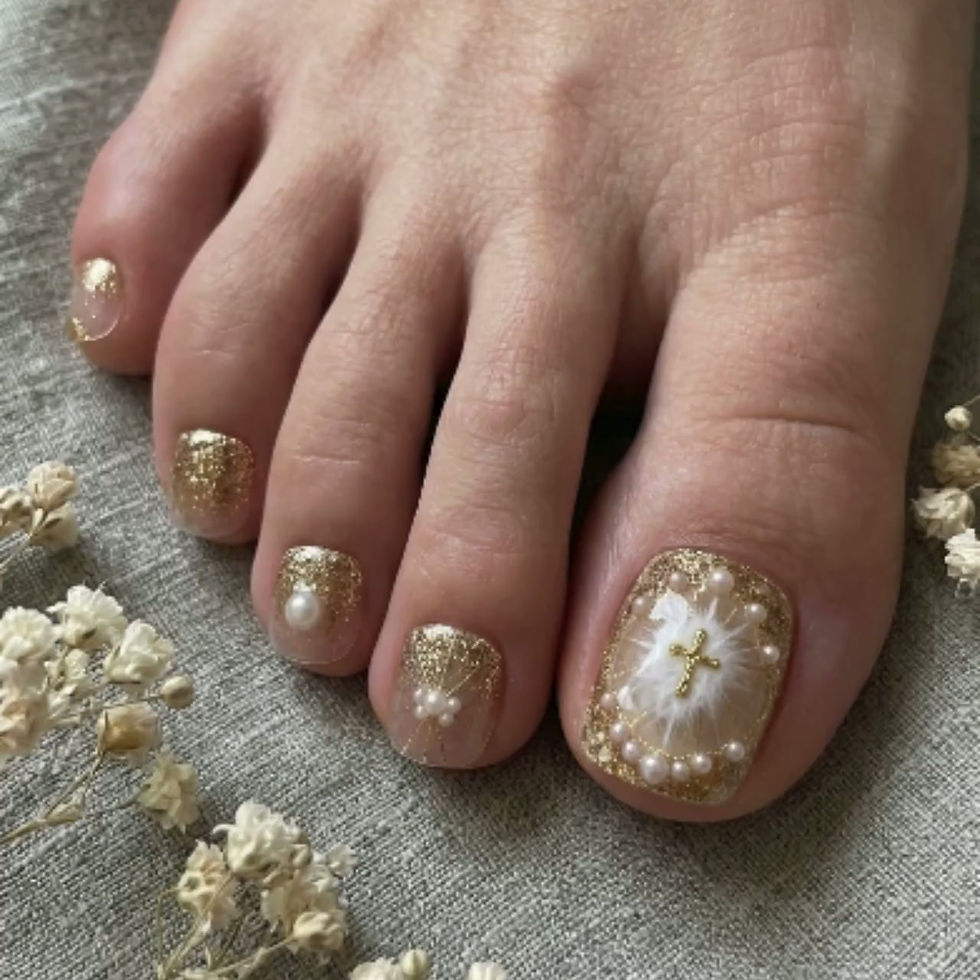 Thumbnail: Luxury 3D Angelic Gold Cross Press On Toes | Ethereal Pearl & Glitter Pedicure