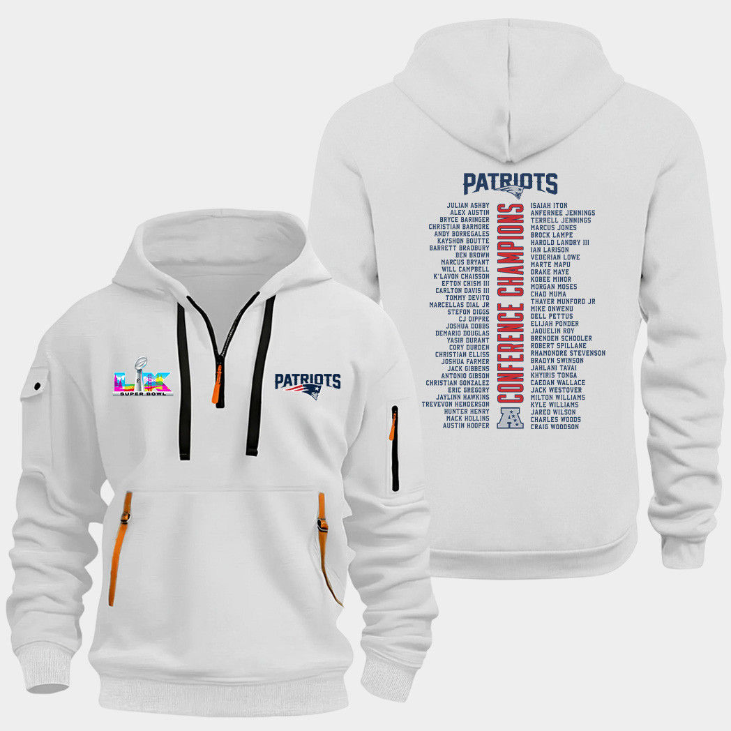 New England Patriots Super Bowl Champions Line Up White Quarter Zip Hoodie
