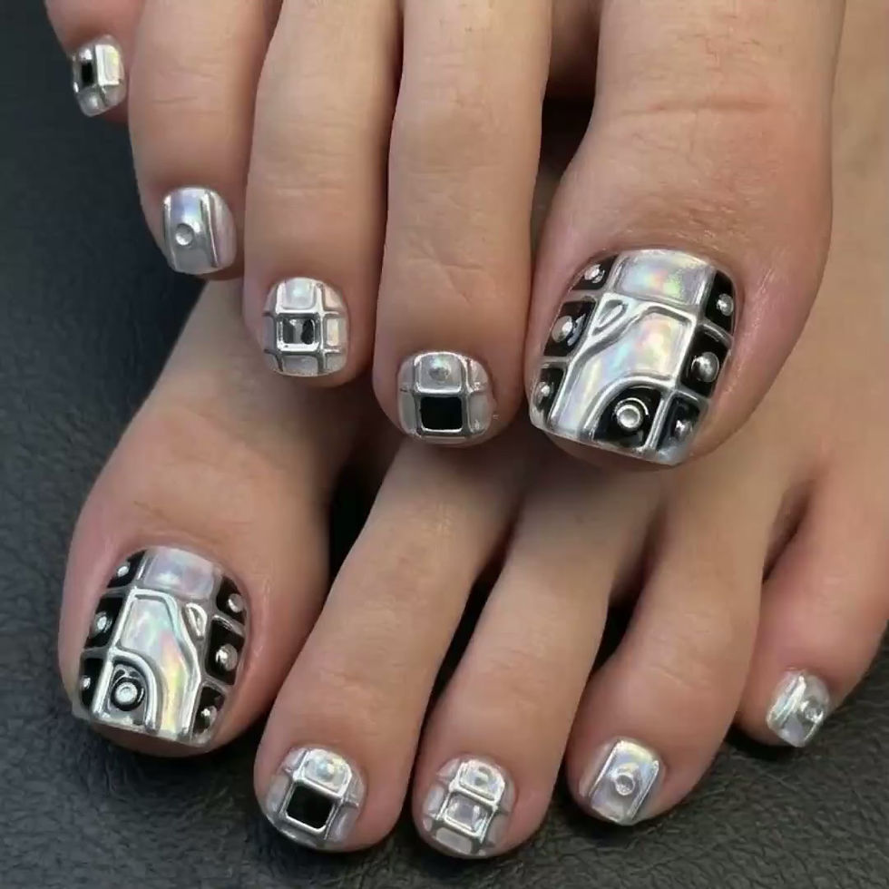 Thumbnail: Futuristic Silver Chrome Press On Toes, 3D Geometric Cyberpunk Pedicure