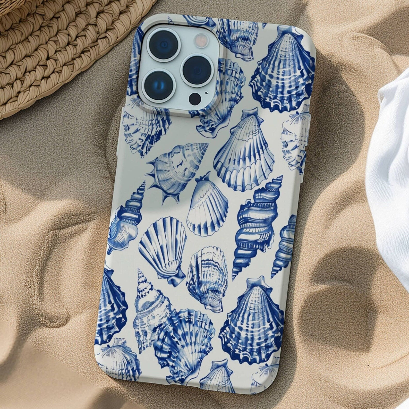 Rustic Blue Seashell Pattern Phone Case, Beachy Tropical Phone Case, Summer Coas