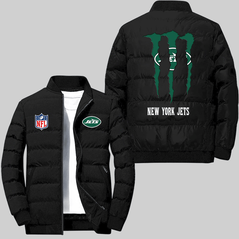 New York Jets NFL Team Logo Monster Energy Scratch Pattern Black 2D Puffer Jacke