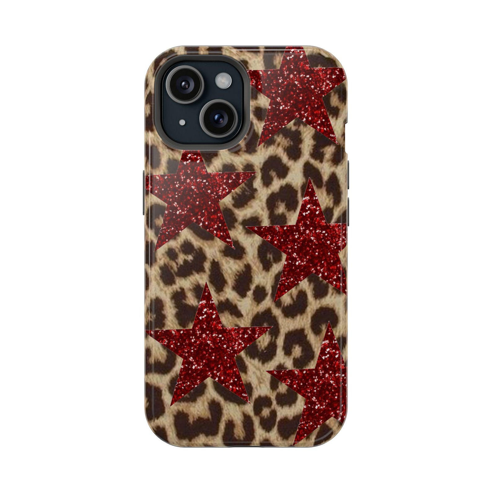 Magsafe Red Star and Leopard Print Tough Phone Case, Magnetic Trendy Phone Case