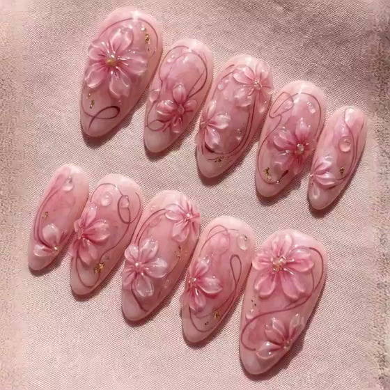 Thumbnail: 3D Sakura Glass Press On Nails | Pink Jelly Marble Cherry Blossom Nail Art