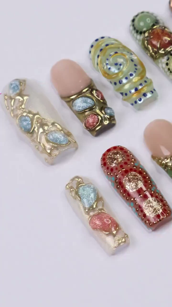 Thumbnail: Arcanum Mystical Press-On Nails � 3D Gemstones, Gold Swirls & Artistic Details