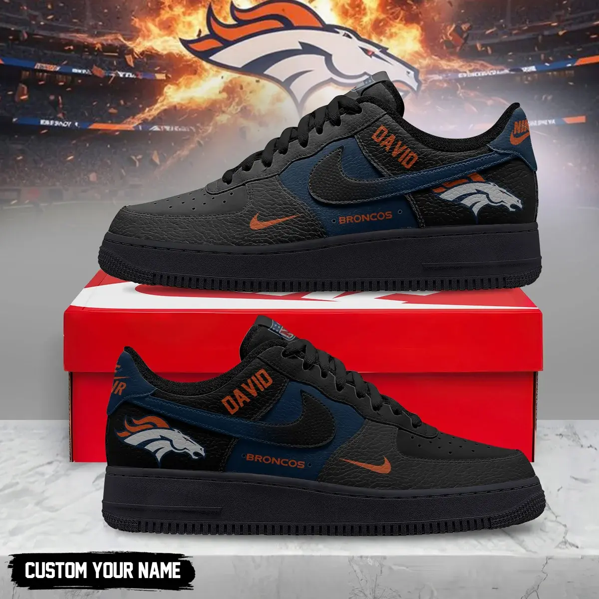 Denver Broncos Premium NFL Black in Black Custom Air Force 1 Sneakers