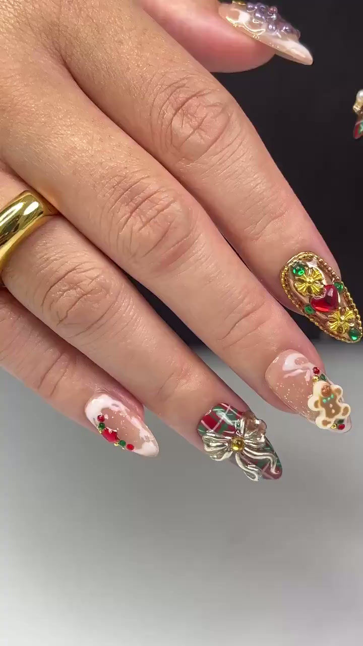 Thumbnail: Festive 3D Christmas Tree & Reindeer Press-On Nails: Bright Colors to Celebrate