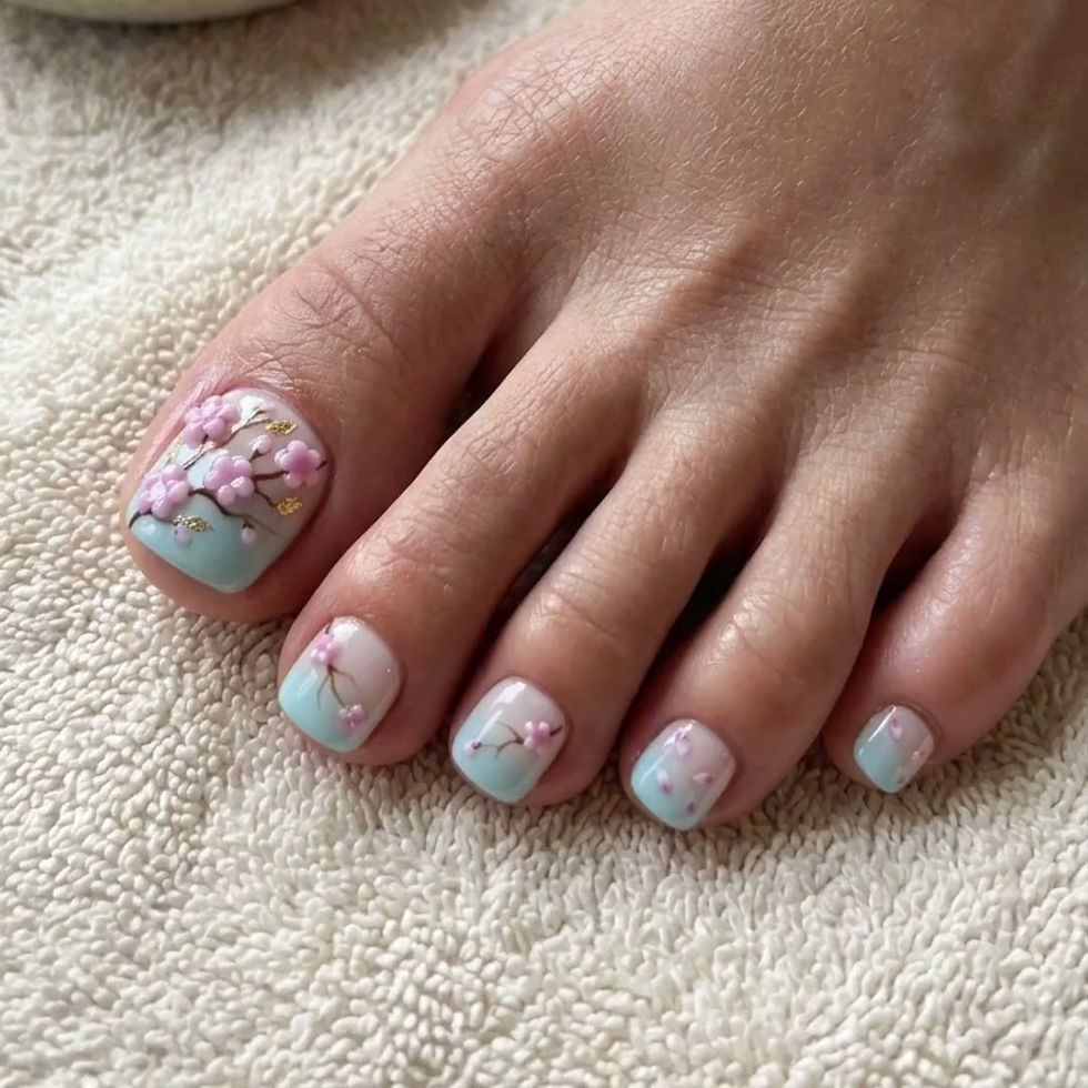 Thumbnail: 3D Sakura Cherry Blossom Press on Toes, Baby Blue Ombre Floral Toenails, Japanes