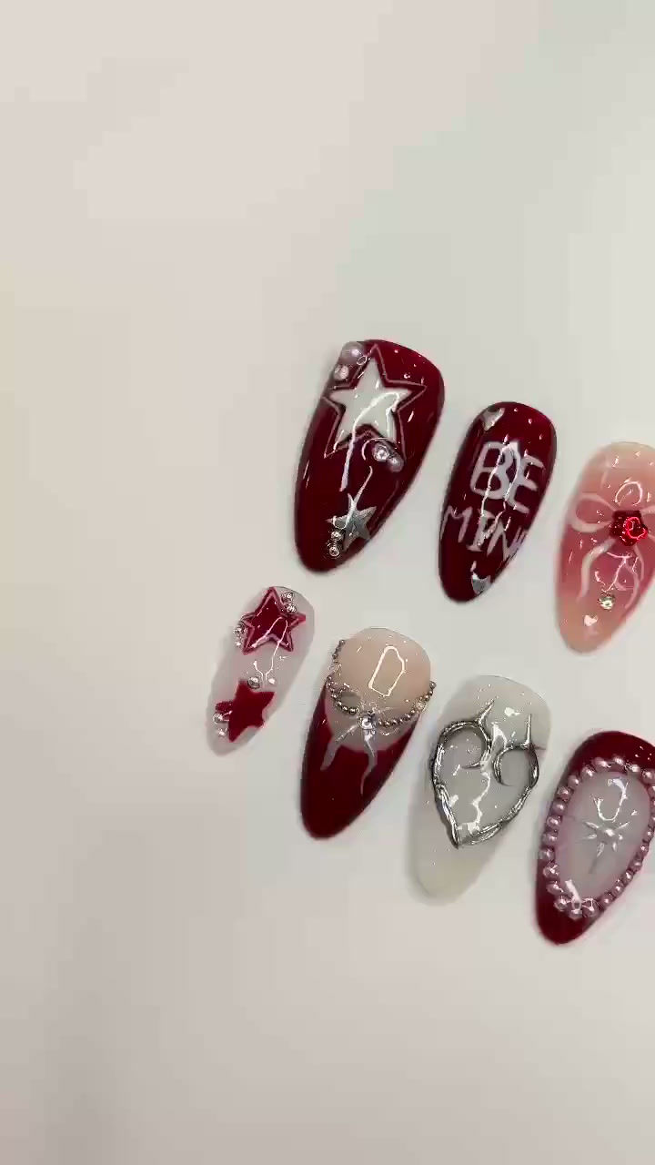 Thumbnail: Freestyle Red Chrome Press On Nails, Air Brush Pink Fake Nails