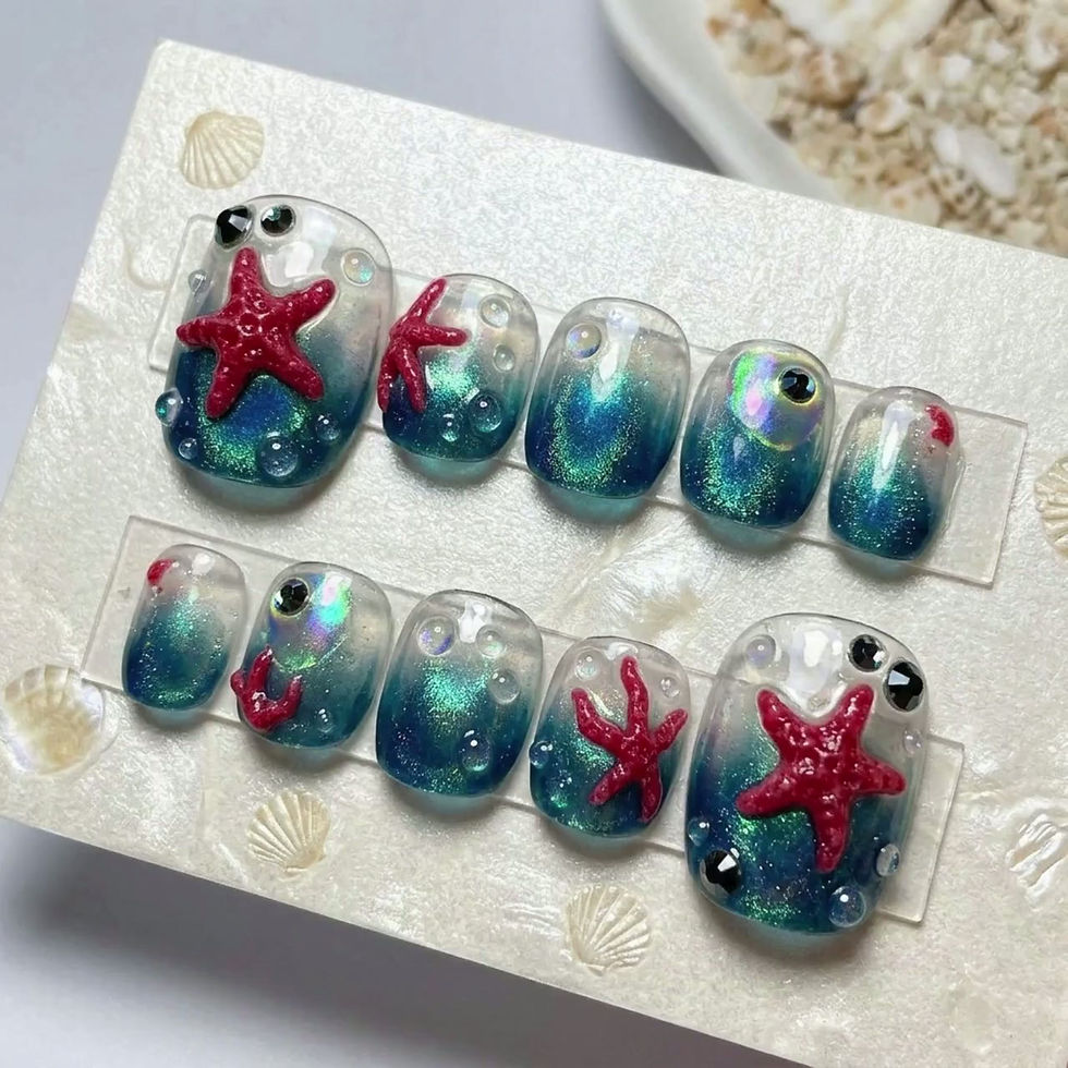Thumbnail: Luxury 3D Cat-Eye Starfish Lagoon Press On Toes | Mermaidcore Deep Sea Blue Magn
