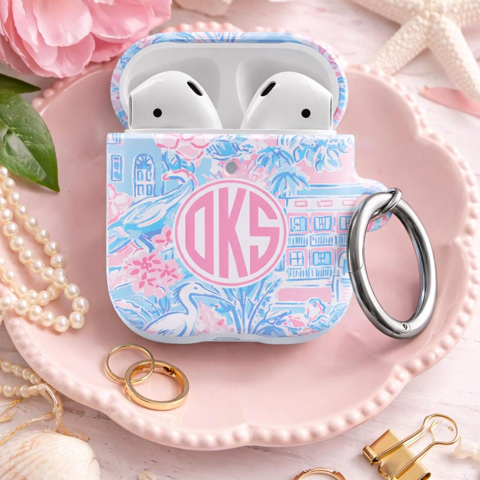 Monogram Airpod Case Pro Preppy AirPod Case Personalized Tropical Pattern Gen 1