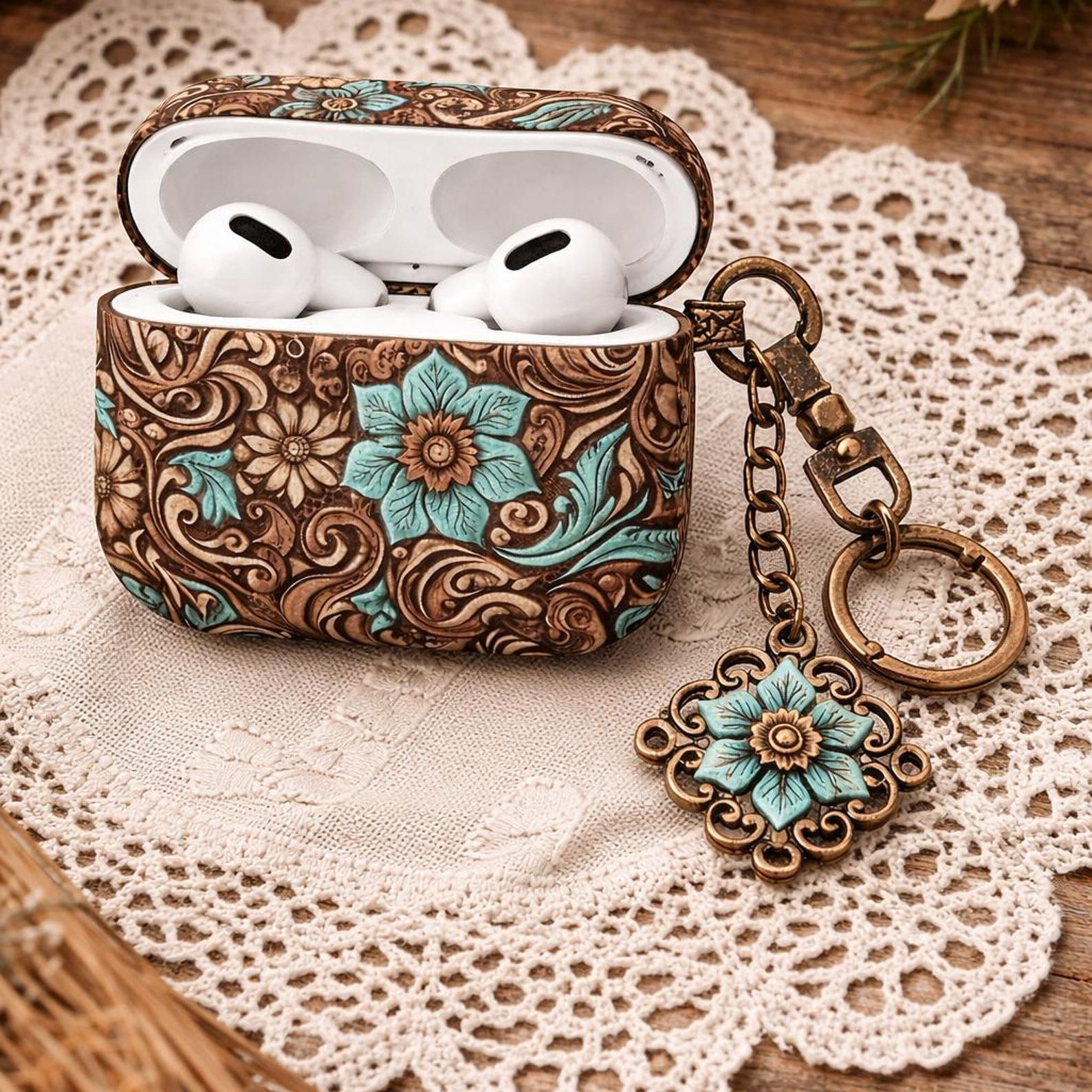 Western Floral AirPods Case, Turquoise Tooled Leather Print Style Cover for AirP