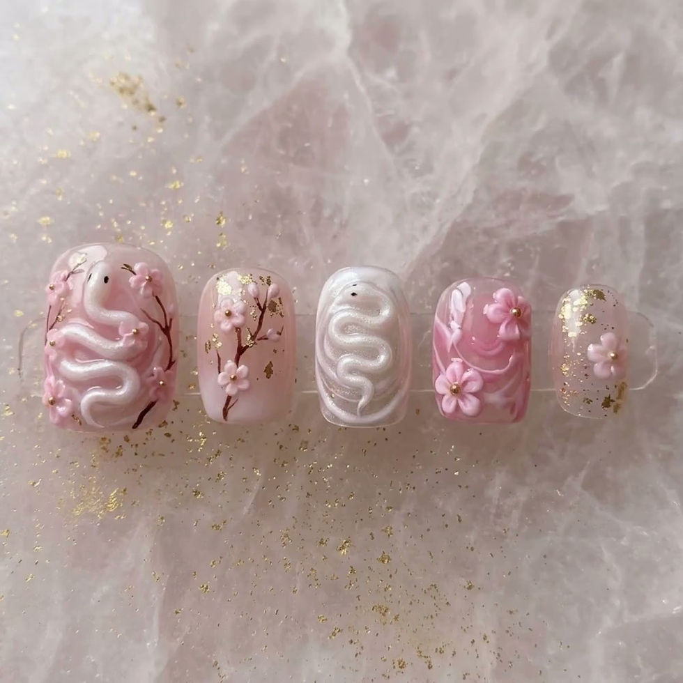 Thumbnail: 3D Snake Cherry Blossom Press On Toes, Pink Jelly Sakura Nails, Japanese Pedicur