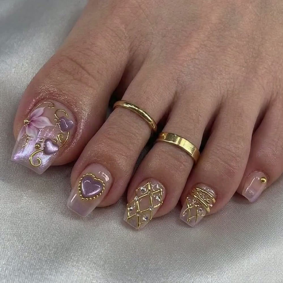 Thumbnail: 3D Press On Toes, Iridescent Purple Heart Nails, Baroque Pedicure, Bridal False