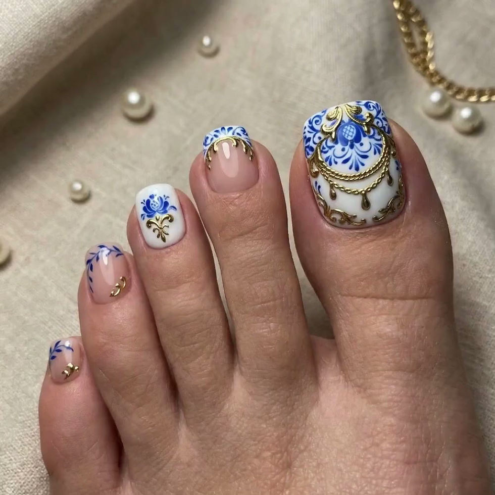 Thumbnail: Chinoiserie Press on Toes, Blue White Porcelain Gold Baroque Pedicure Nails