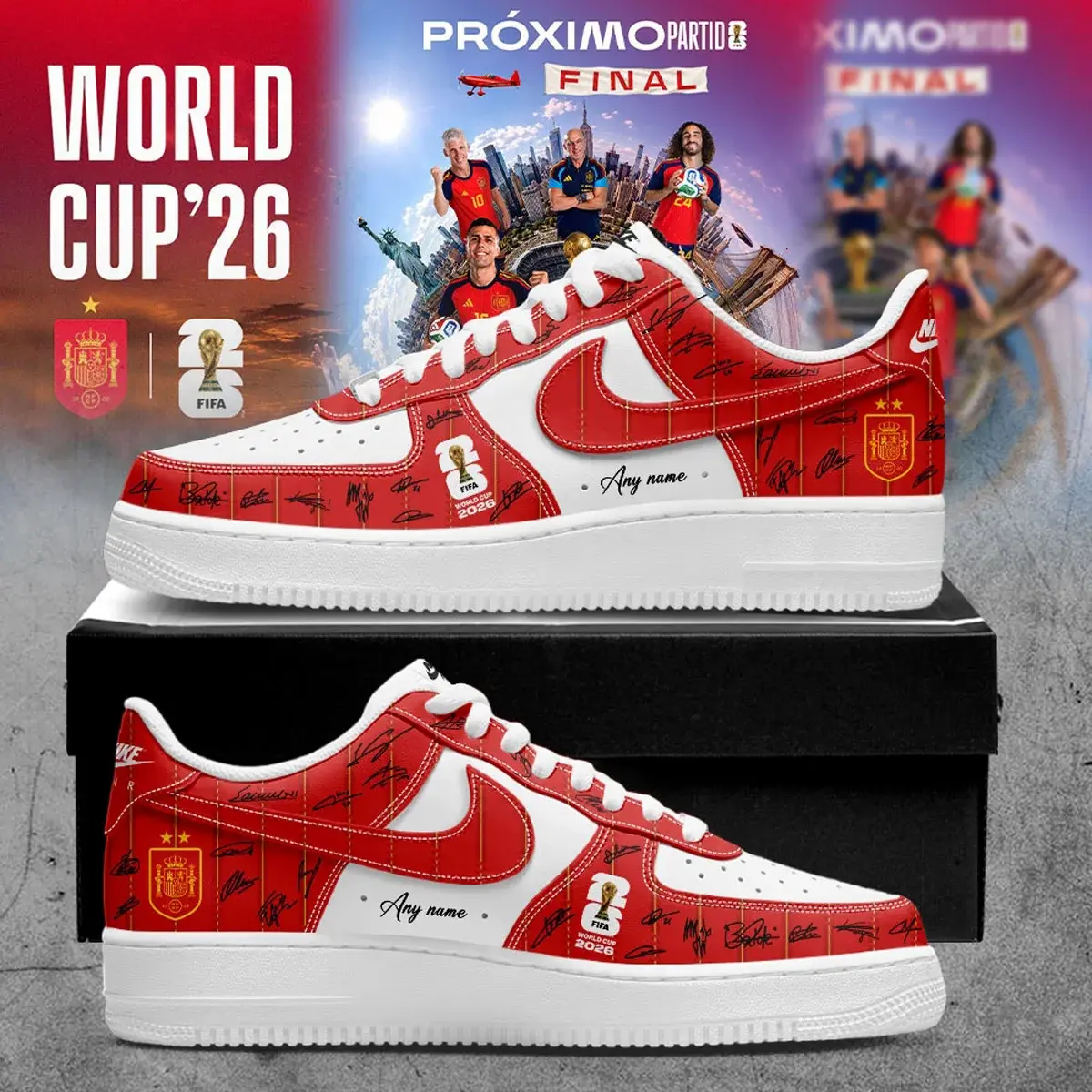 Spain World Cup Champions Signature Custom Name Custom Air Force 1 Sneakers V.2