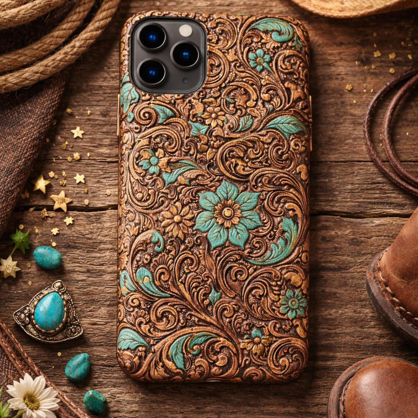2D Printing Western Cowgirl Floral Phone Case, Turquoise Tooled Leather Print St