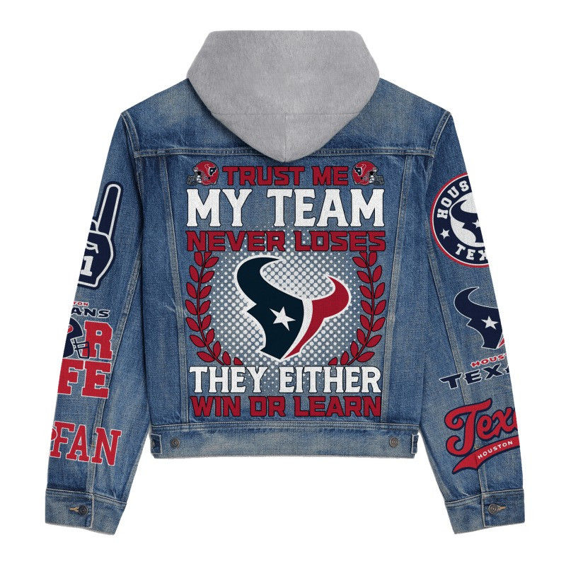 Thumbnail: Houston Texans NFL Team Logo& Motto v5 3D Hooded Denim Jacket