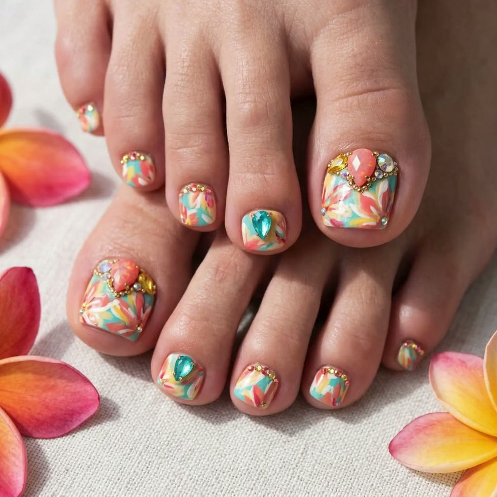 Thumbnail: TROPICAL OASIS: Hand-Painted Gemmed Press On Toes | Vibrant Watercolor Floral Lu