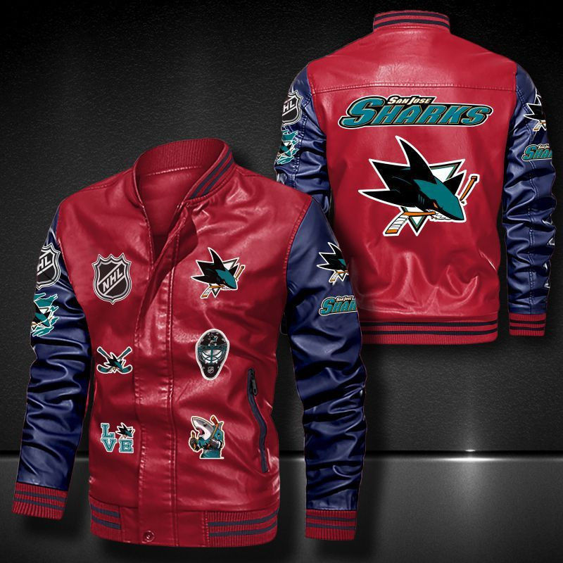 Thumbnail: San Jose Sharks Leather Varsity Jacket Bomber Coat