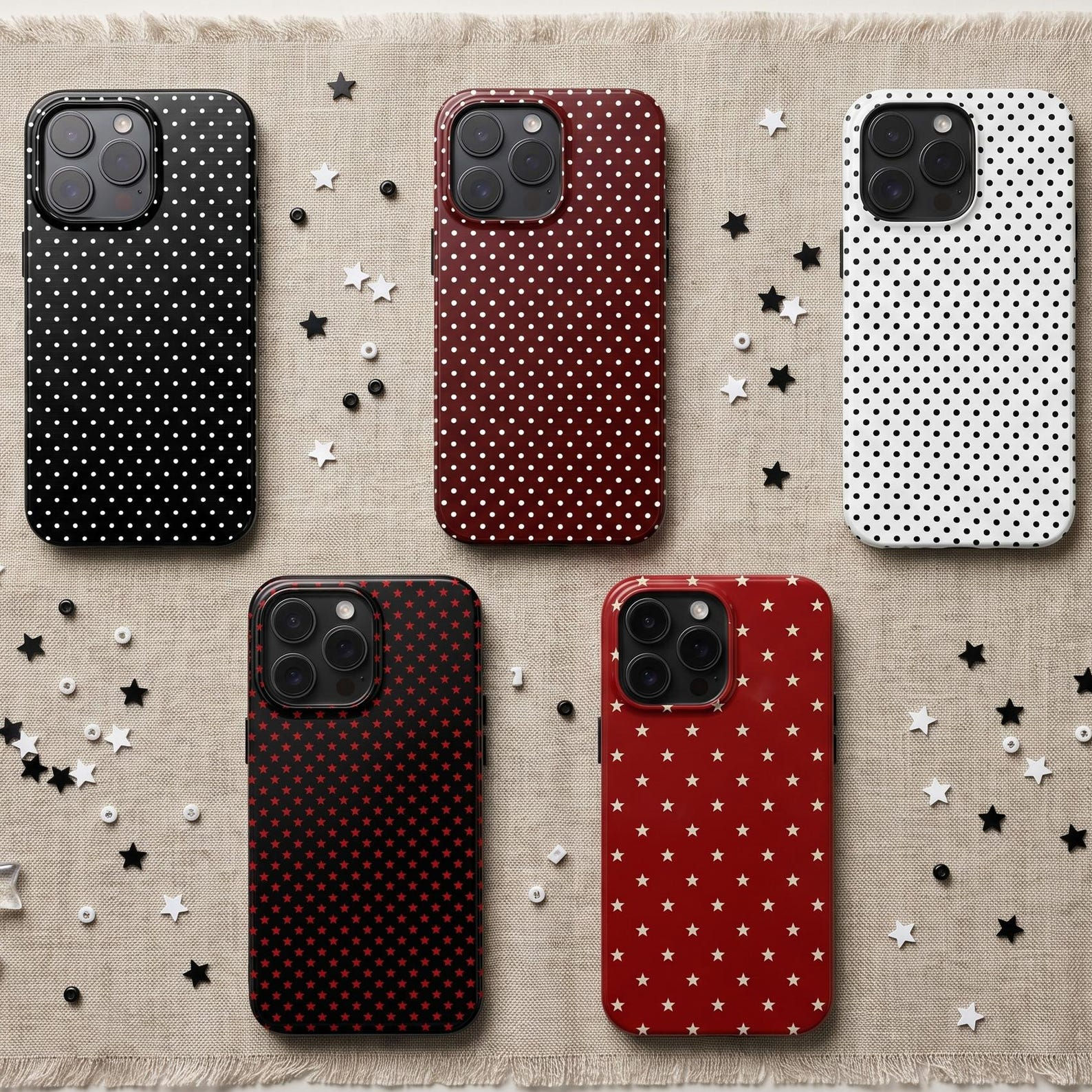 Minimalist Polka Dot Phone Case, Retro Stars Pattern Pro Cover, Aesthetic Black