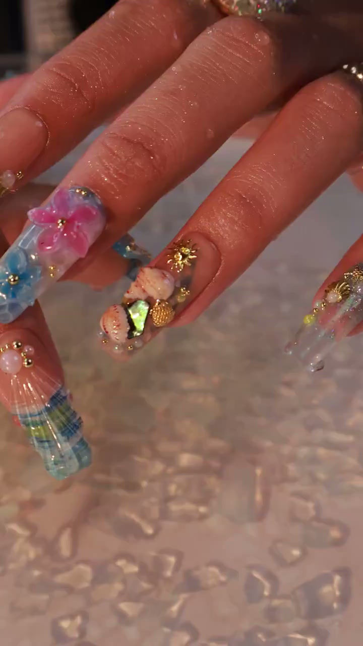 Thumbnail: Summer Press On Nails Ocean Garden with Seashell | 3D Flower Fake Nails in Long