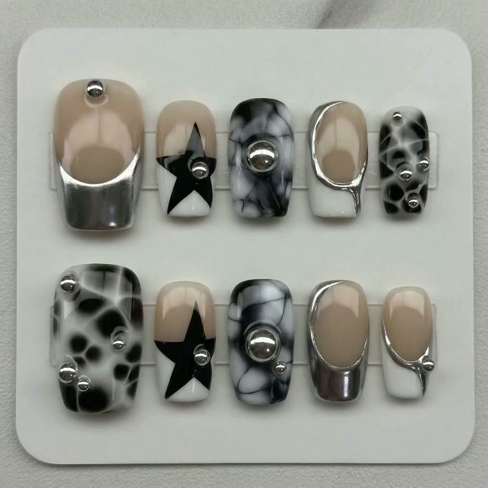 Thumbnail: Cyber Y2K Black White Star Nails, Silver Chrome French Tips, 3D Metal Charms, Gr