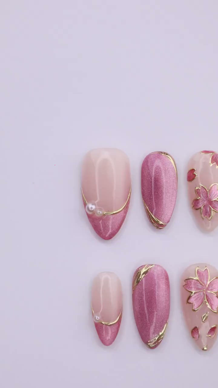 Thumbnail: Pink Cat Eye Press On Nails with Flowers & Gold Lines