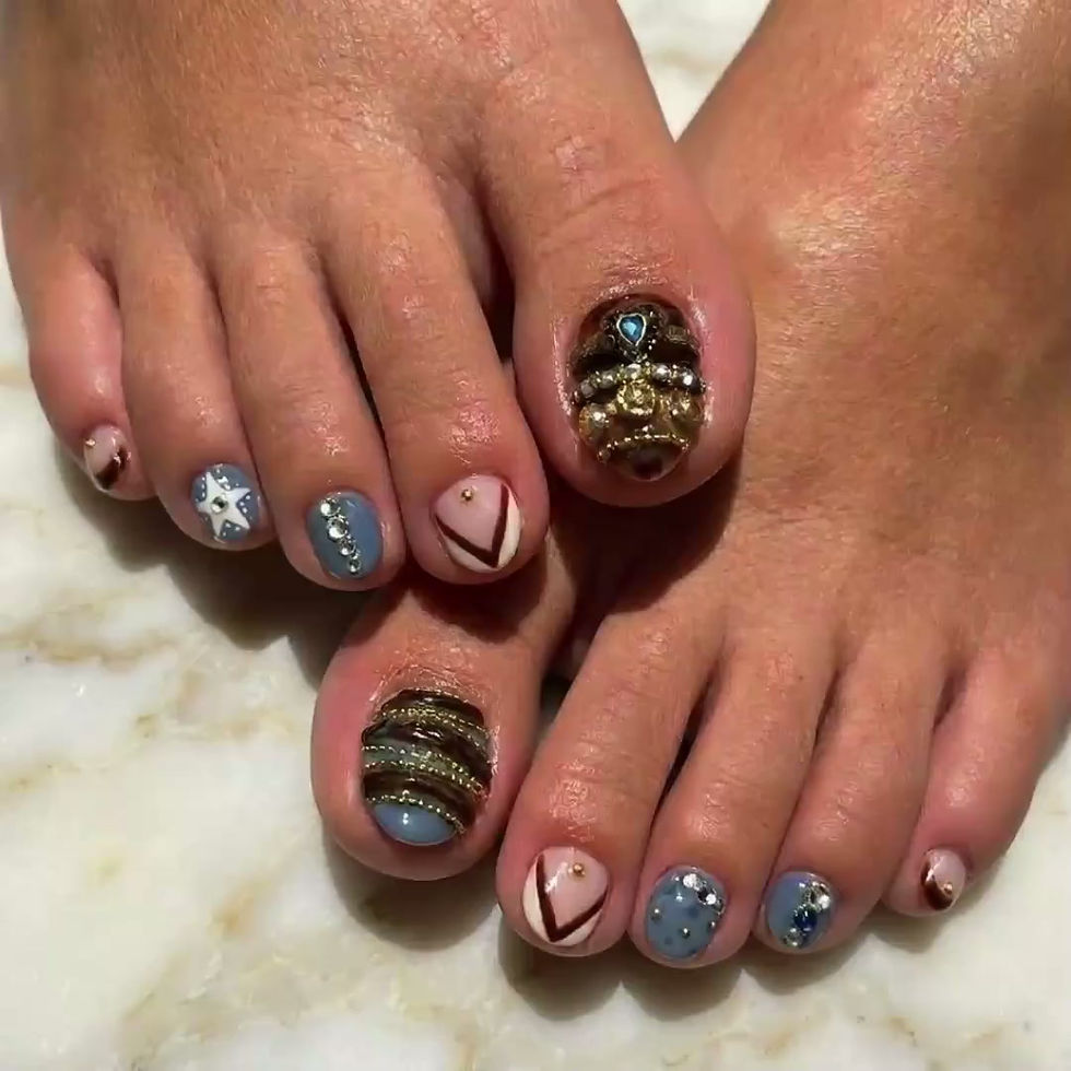 Thumbnail: 3D Mismatched Press On Toes, Boho Denim Blue Brown Stars Jewels