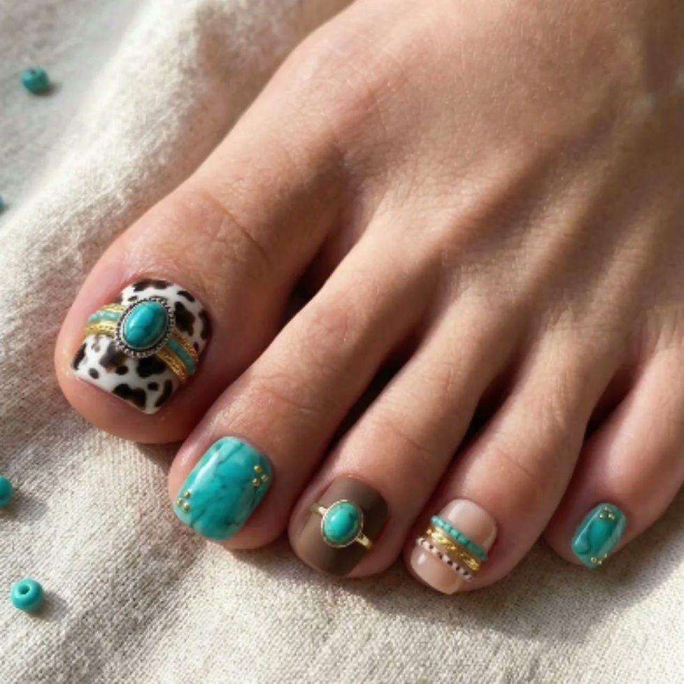 Thumbnail: Luxury Desert Jewelry 3D Turquoise & Cow Print Press On Toes | Southwestern Boho